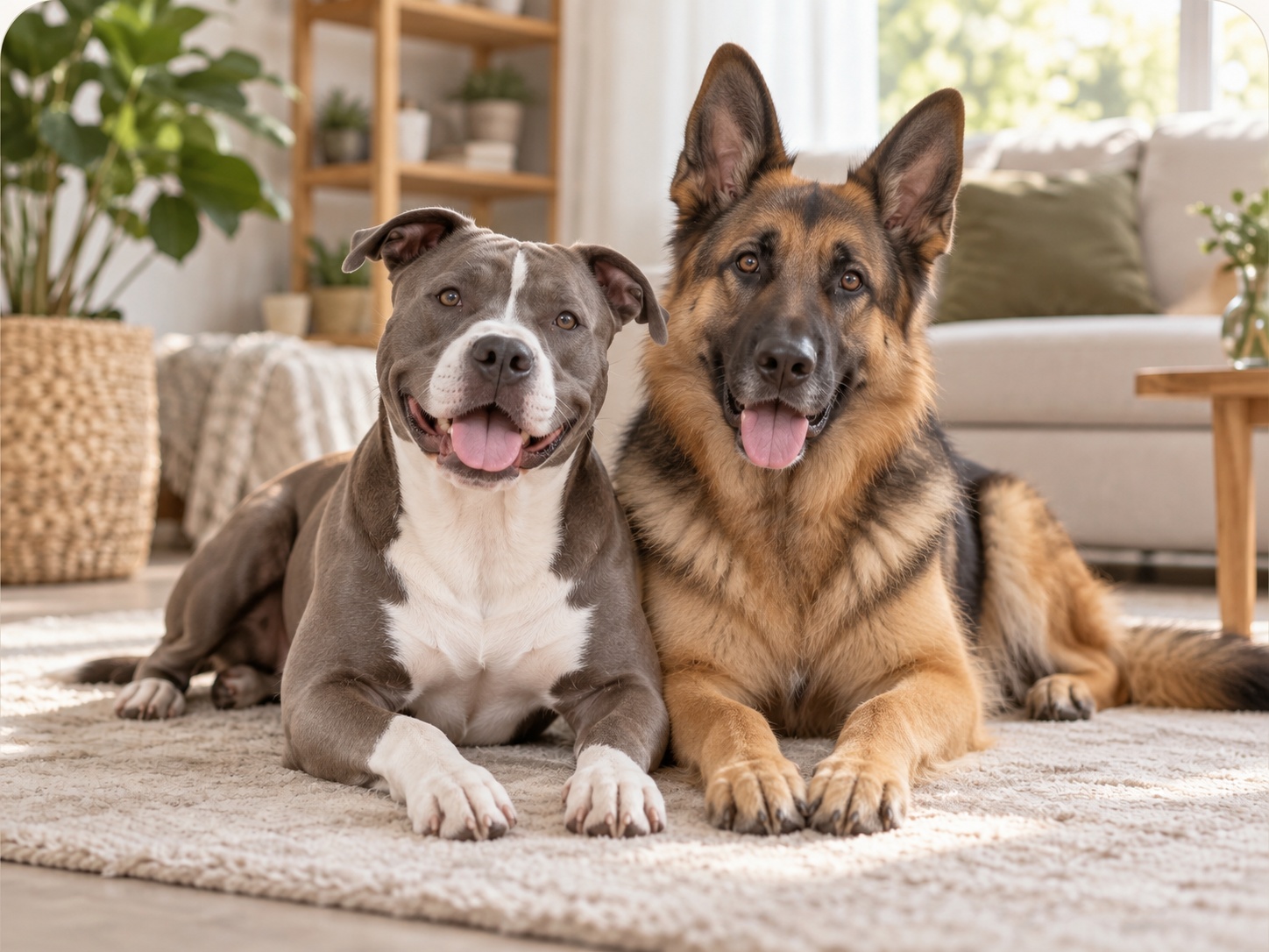 American Staffordshire Terrier and German Shepherd in a warm family setting